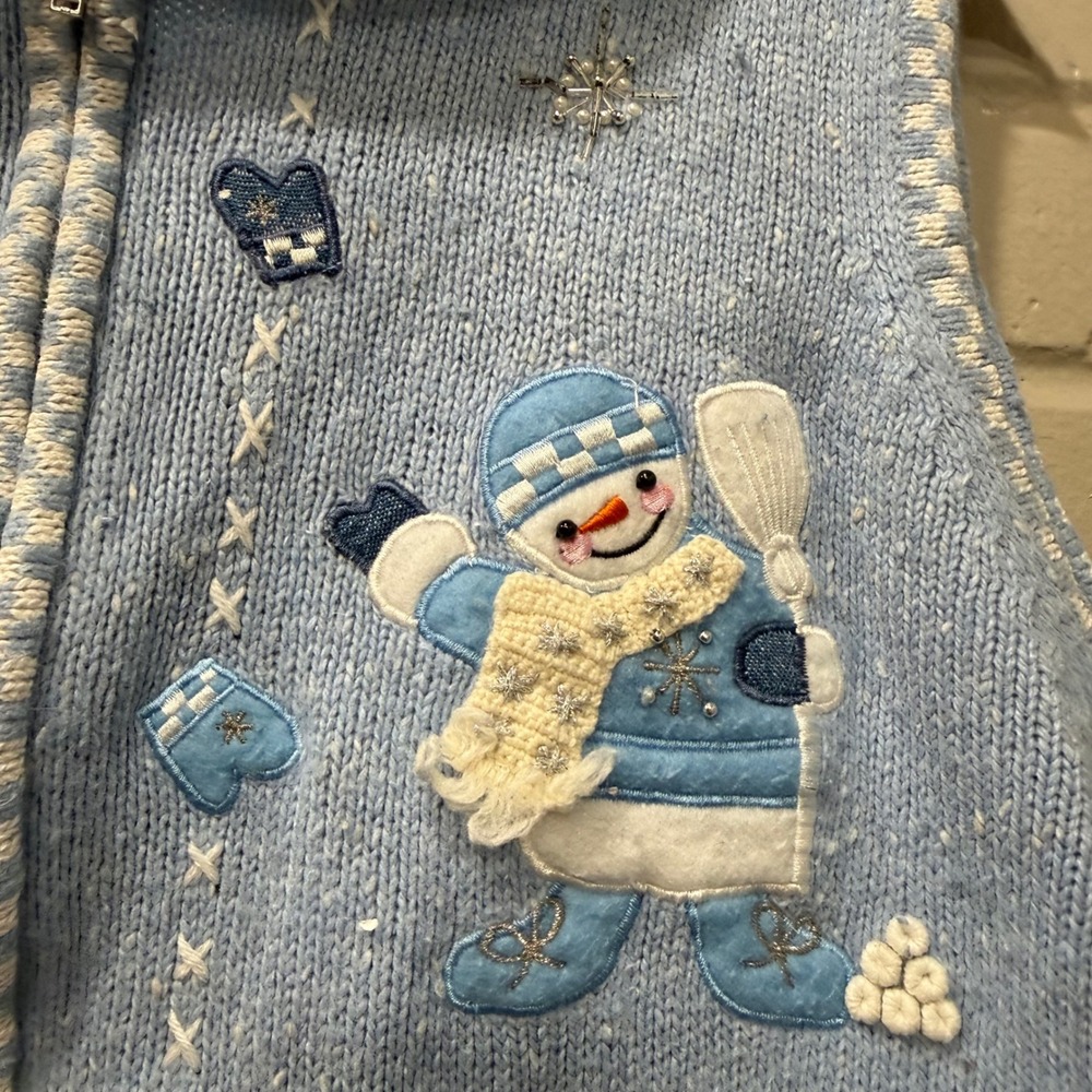 Vintage Bobbie Brooks Vest Angora Blend Blue Snowman‎ Knit Sweater Zip Front M/L - Picture 7 of 13